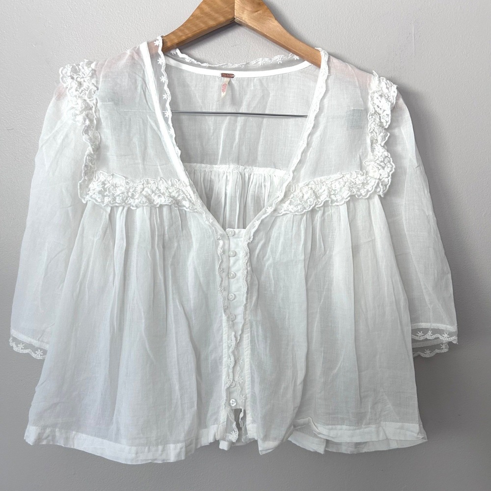 Free People Luna Ruffle Semisheer Top Womens M White Cotton Blend Romantic Boho